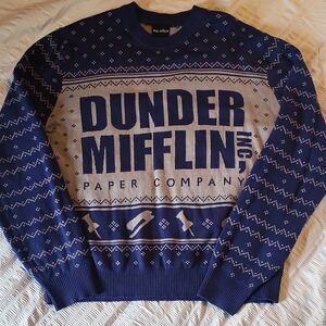 The Office Dunder Mifflin Blue Fair Isle Ugly Christmas Sweater Men's LARGE EUC